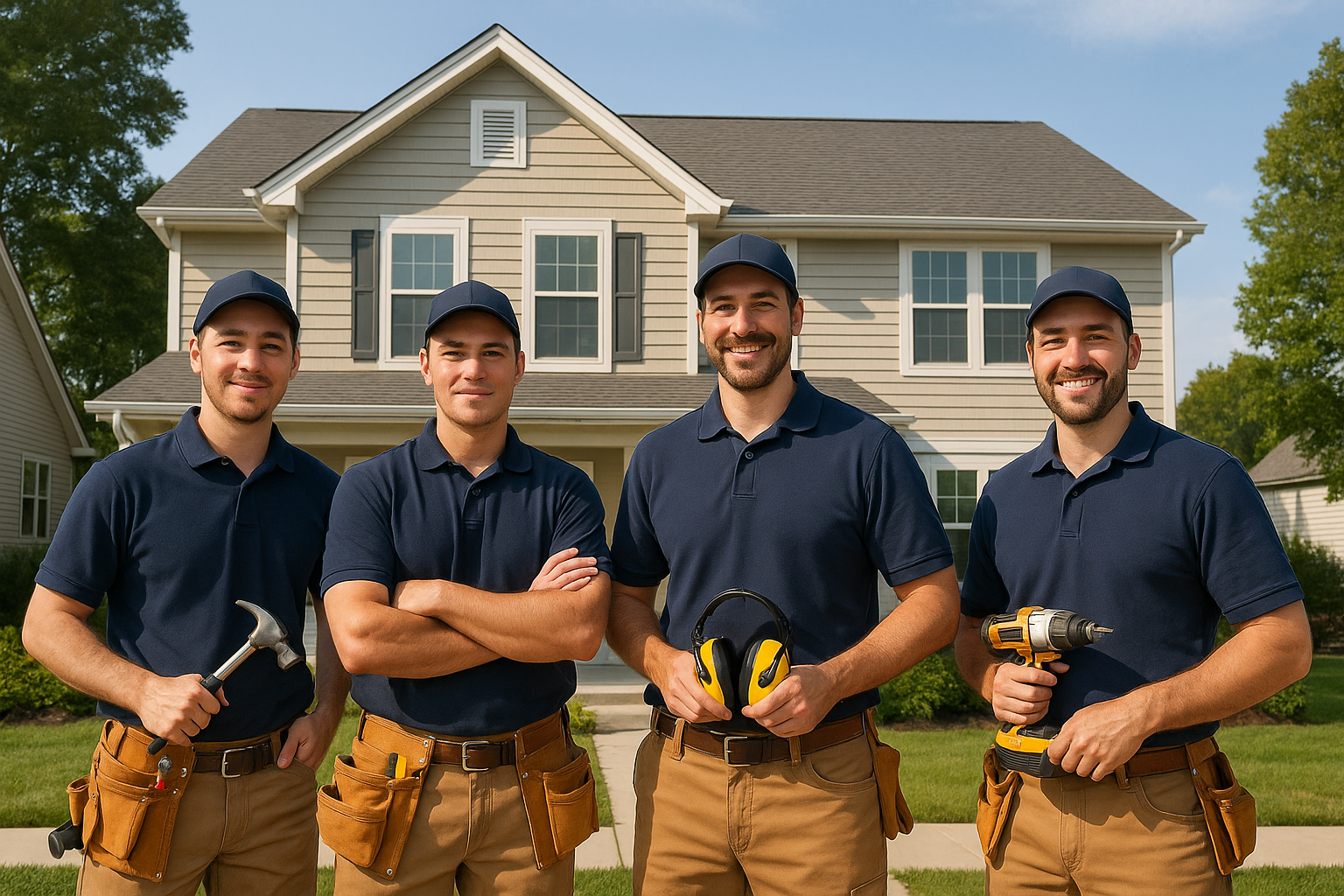 Four soundproofing contractors in work uniforms with tools
